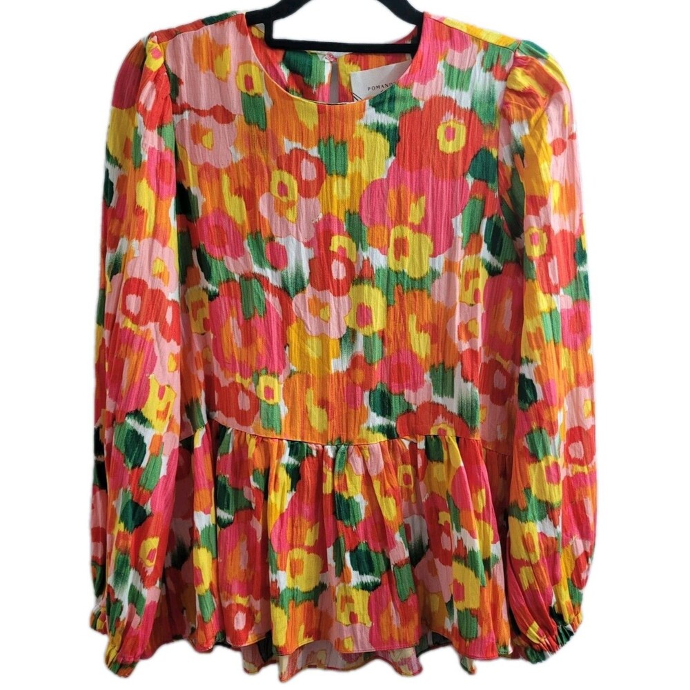 Pomander Place Floral Peplum Blouse S NWT Tuckernuck Bright Puff Sleeve Top